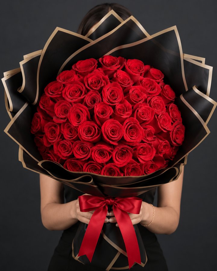 Ramo de 50 rosas rojas en wrap negro